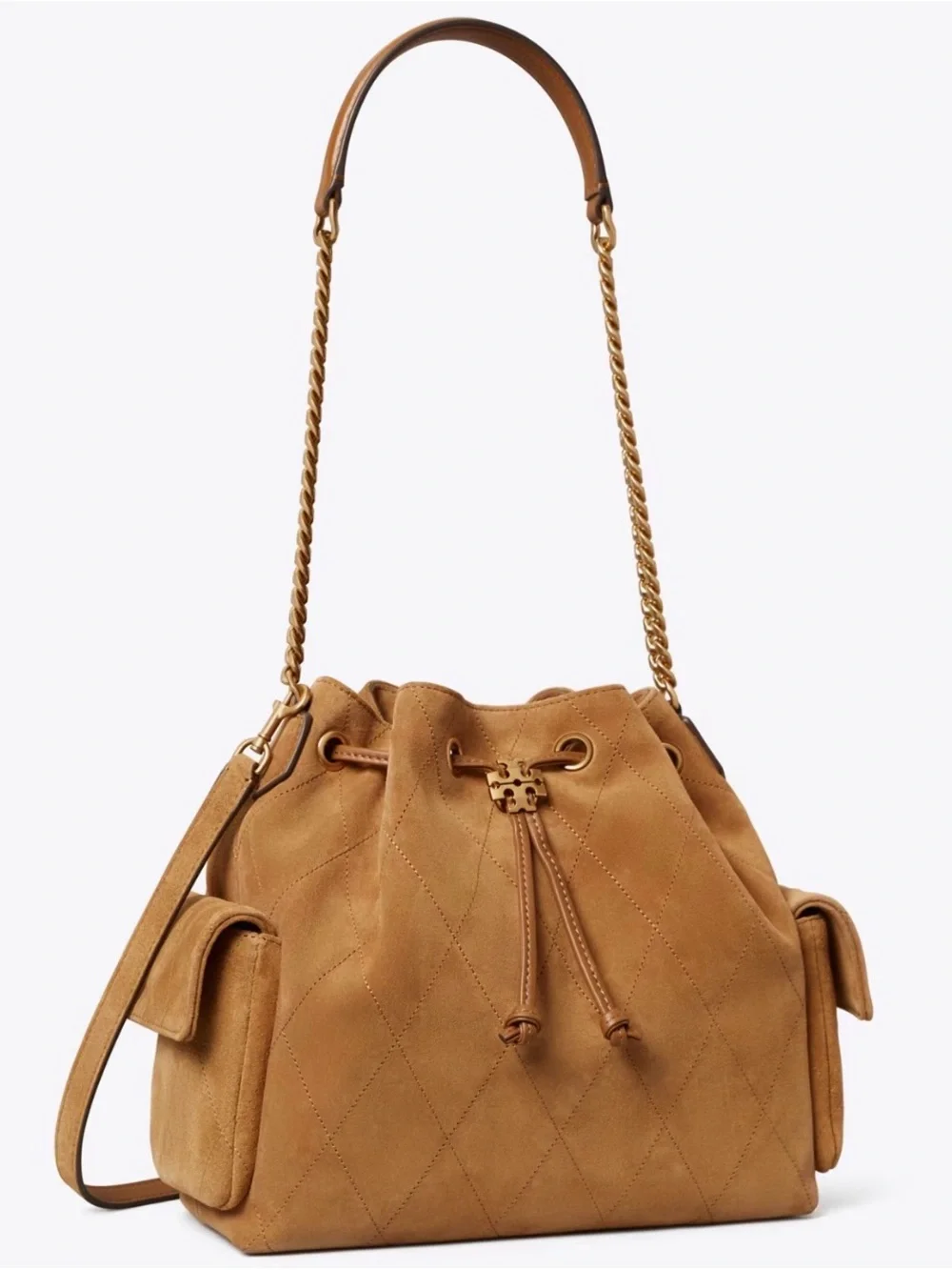 🧡🤎TORY BURCH CHARLIE QUILTED SUEDE DRAWSTRING IN TOFFEE (Pre-treated & Perfect!)